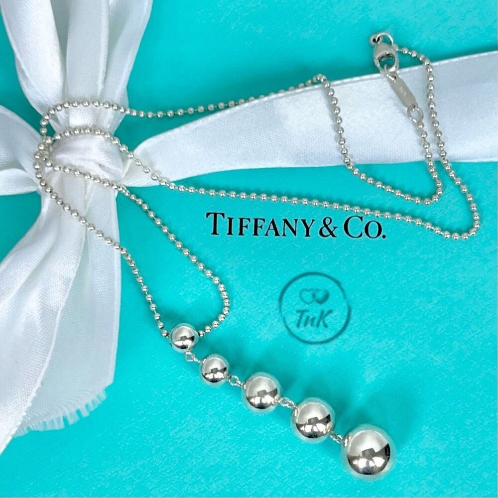 Tiffany & Co Sterling Silver Graduated Bead Ball Five Bead Drop Necklace - 16”